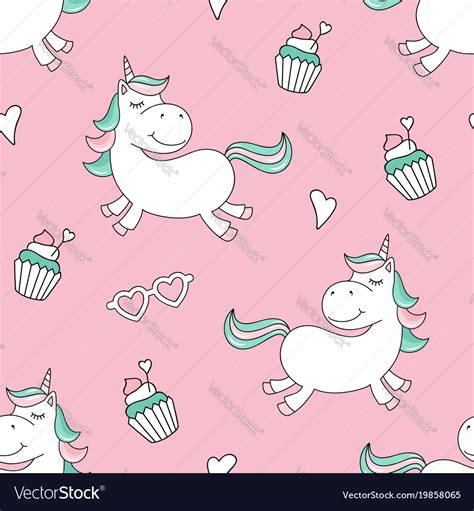 Seamless Pattern With Magical Unicorn And Cupcakes
