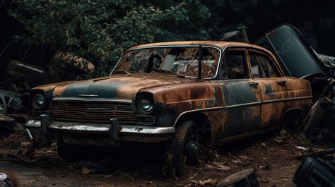 An Old Car Sits On A Pile Of Rust Background Junk Car Picture
