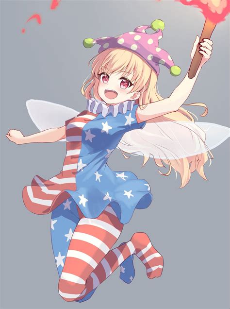 clownpiece 1girl solo hat jester cap blonde hair long hair wings illustration images