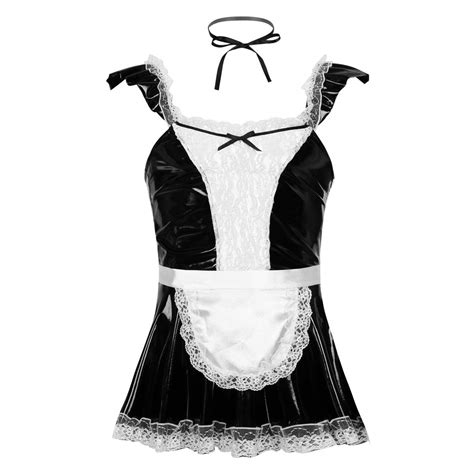 Renvena Sissy Men Girly Maid Stain Dress Uniform Adults Halloween Party