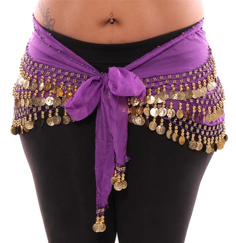 Plus Size 1x 4x Chiffon Belly Dance Hip Scarf With Coins Purple Gold