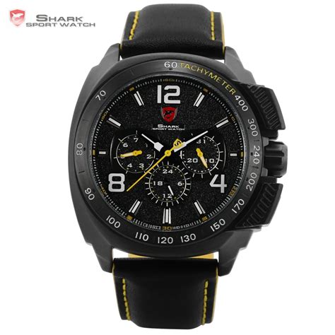 Tiger Shark Sport Watch Brand New Date 24hrs Black Yellow Bezel Leather