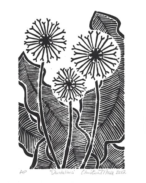 Linoleum Block Print Dandelions Limited Edition Original Print