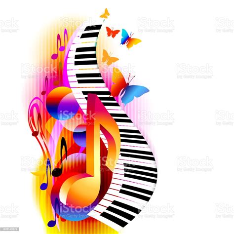 Colorful Music Notes With Piano Keyboard And Butterfly Stock