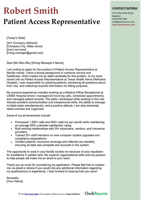 Patient Access Representative Cover Letter Examples Qwikresume