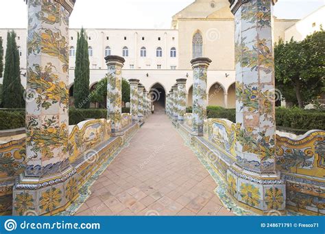 santa chiara monastery naples italy tiled pillars plated at the cloister garden editorial photo