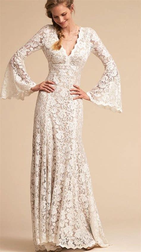 Boho Lace Flare Long Sleeves Wedding Dress Bell Sleeve Floral Etsy Bell Sleeve Wedding Dress