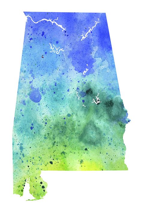 Watercolor Map Of Alabama In Blue And Green Painting By Andrea Hill
