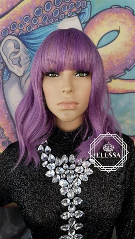 Medium Curly Lavender Purple Color Wig With Bangs Wigs Etsy Wigs