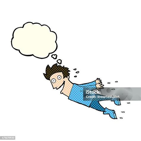Kartun Pria Basah Kuyup Terbang Dengan Gelembung Pemikiran Ilustrasi Stok Unduh Gambar