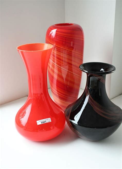 Bid Now 3 Art Glass Vases Incl Orange Glass With Fine White Rim An