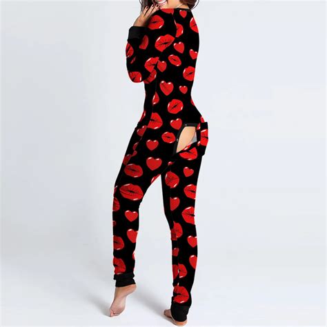 Valentines Day Women Onesie Pajamas Buttoned Butt Flap Jumpsuit Sleepwear Mouth Lips Heart