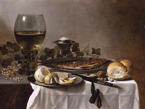 still life with herring wine and bread 1647 pieter claesz