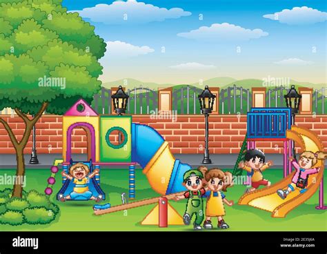 Vector Illustration Of Happy Children Playing In The School Playground