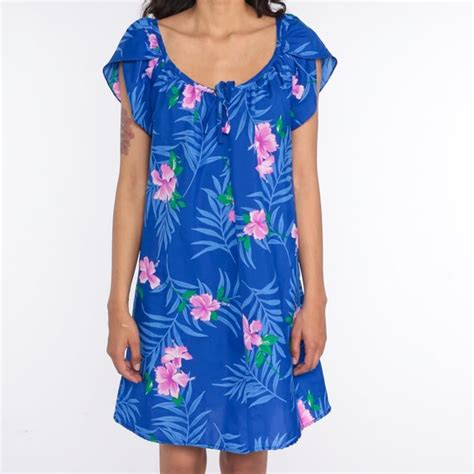 hawaiian mini dress 70s 80s blue floral dress puff tu… gem