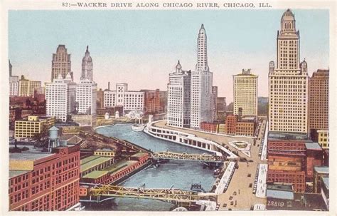 Postcard Chicago Wacker Drive Chicagoo River Aerial Looking E Tinted 1920s