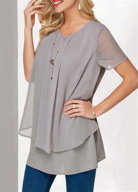 Round Neck Short Sleeve Layered Chiffon Blouse Usd 26