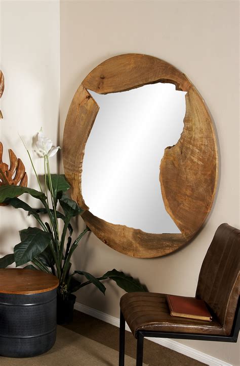 Decmode 48 Large Round Natural Live Edge Reclaimed Wood Wall Mirror