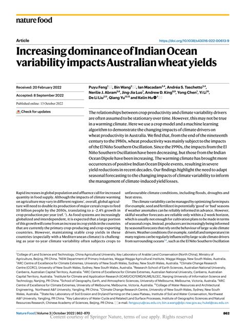 Increasing Dominance Of Indian Ocean Variability Impacts Australian Wheat Yields Request Pdf