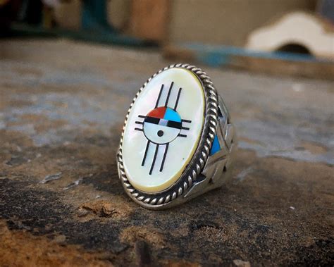 Size 13 Large Zuni Sunface Channel Inlay Ring With Yellow Mother Of