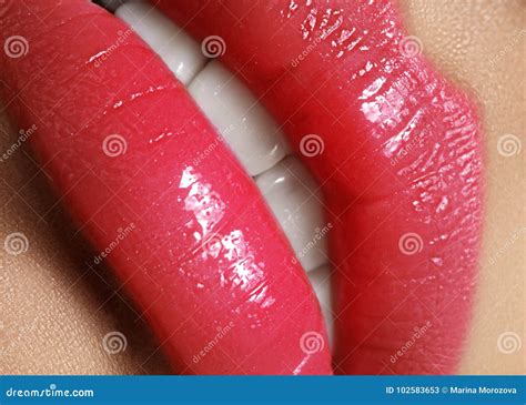 Bright Lips Close Up Lips With Juicy Pink Make Up Fashion Magenta