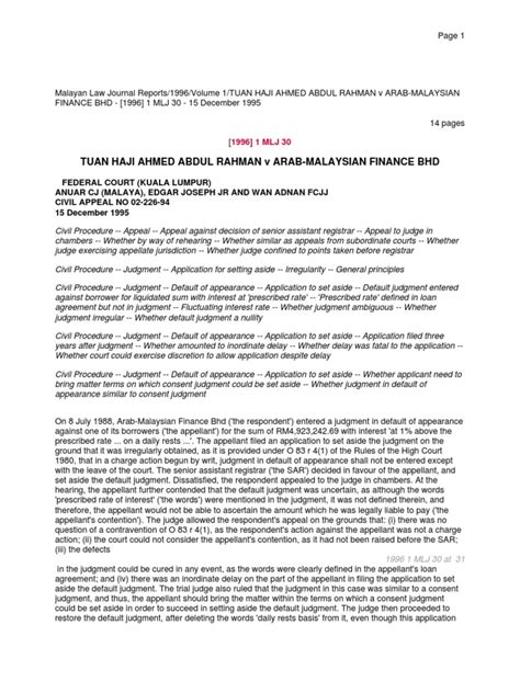 Applications to set aside default judgment being legal cases back on track. Tuan Haji Ahmed Abdul Rahman v Arab-malaysia | Default ...