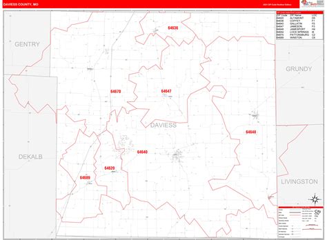 Daviess County, MO Zip Code Wall Map Red Line Style by MarketMAPS