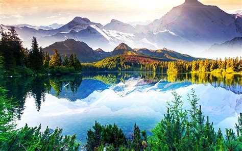 Hd Wallpaper Lake Between Grass Field Near Sea And Mountains Under