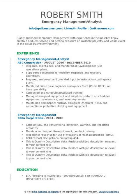 The emergency management response plan (emrp) chief of security/emergency management director (team leader) emergency management deputy director alert! Emergency Management Resume Samples | QwikResume