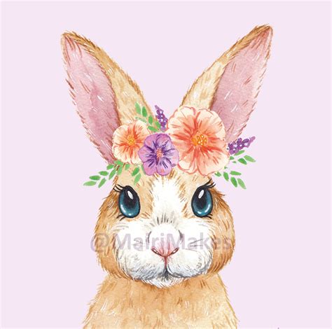 Bunny Rabbit Flower Crown Art Print Cute Animals Purple Etsy