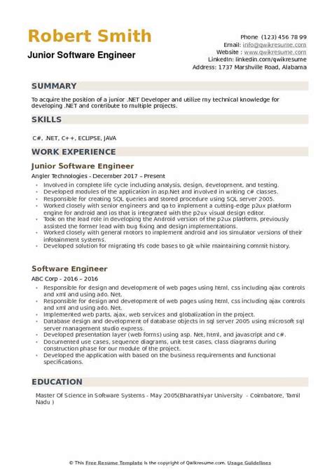 Customise the template to showcase your experience, skillset and accomplishments, and highlight your most. Junior Software Engineer Resume Samples | QwikResume