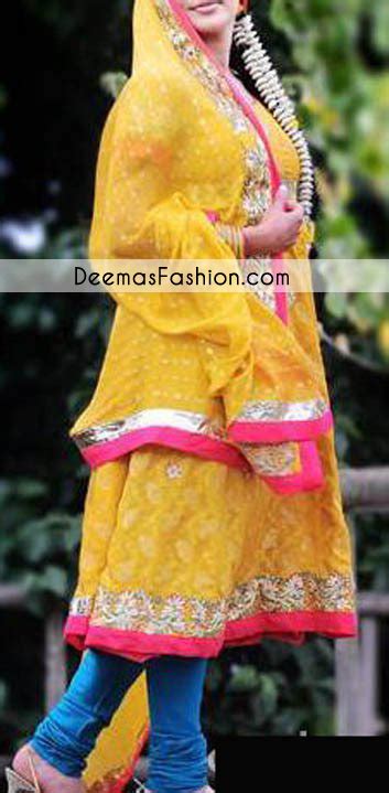 Yellow Blue Bridal Mehndi Wear Anarkali Frock Churidar Latest