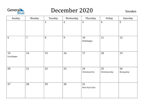 Sweden December 2020 Calendar With Holidays