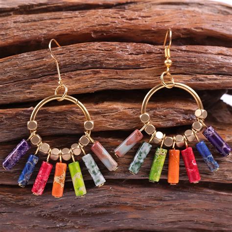 Creative 7 Chakra Earring Colorful Natural Emperor Stones Gold Beads