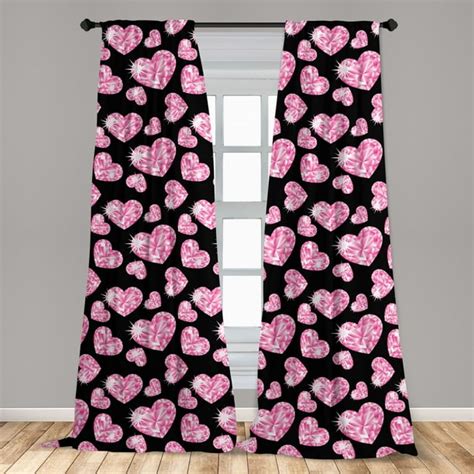Diamonds Curtains 2 Panels Set Romantic Pink Heart Stones On Black