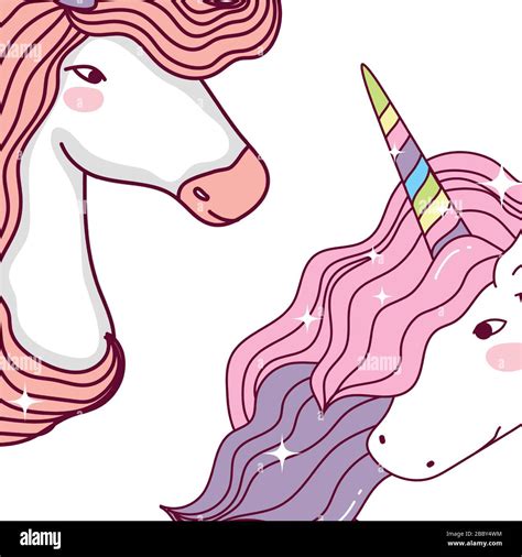 Two Unicorns Cartoons Set Design Magic Fantasy Fairytale Childhood