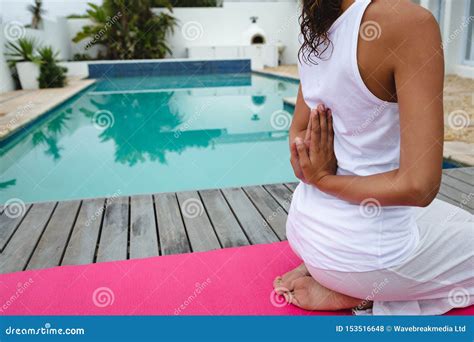 Woman Performing Yoga Near Swimming Pool In The Backyard Stock Photo Image Of Adult Female