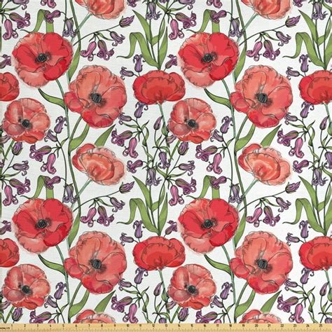 Watercolor Flowers Fabric By The Yard Poppy Blossoms Burgeoning