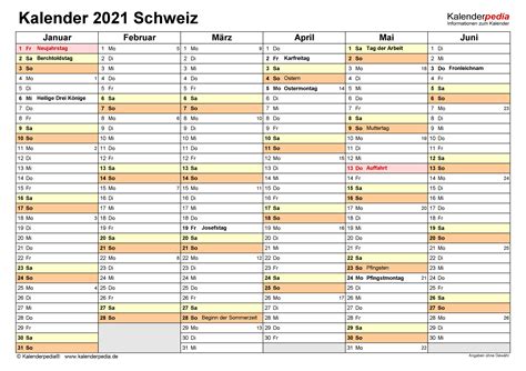 Drucken sie auf blatt a5. Kalender 2021 Schweiz in Excel zum Ausdrucken