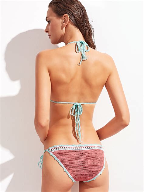 Contrast Crocheted Tie Side Triangle Beach Bikini Set Shein Sheinside