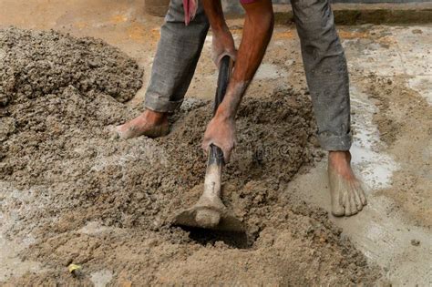 Indian Labour Mixing Cement Using Shovel Stock Photo Image Of Mixture