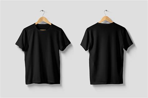 Black Tshirt Mockup On Wooden Hanger Front And Rear Side View Stock