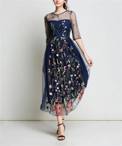 Take A Look At This Navy Floral Embroidery Sheer Overlay Midi Dress
