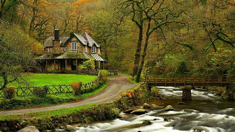 Hd Wallpaper House Cottage Forest Road Stream Wallpaper Flare