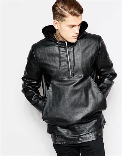 Asos Faux Leather Hooded Jacket In Black For Men Lyst