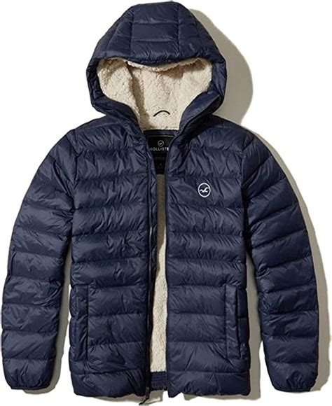 hollister men s sherpa lined down puffer jacket navy medium at amazon men s clothing store