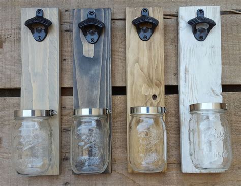 Wall Mounted Bottle Opener With Mason Jar Cap Catcher Reclaimed Wood