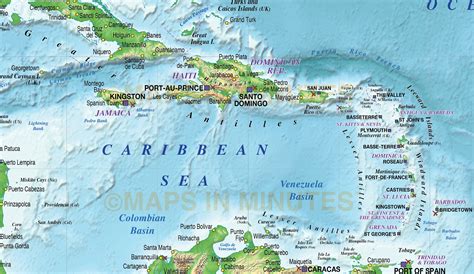 Caribbean Map With Land And Ocean Floor Relief 10m Scale In