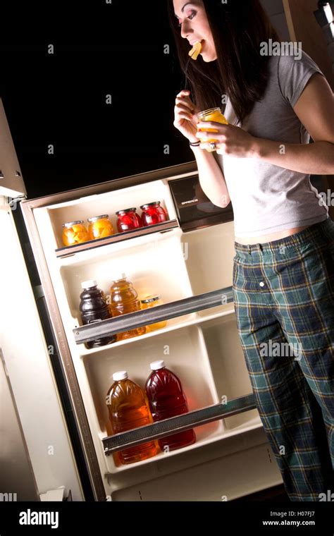 Woman Caught Munching Fruit Refrigerator Door Late Night Midnight Stock