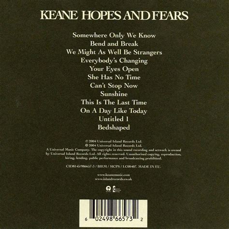 Keane Hopes And Fears Album Back Estampado
